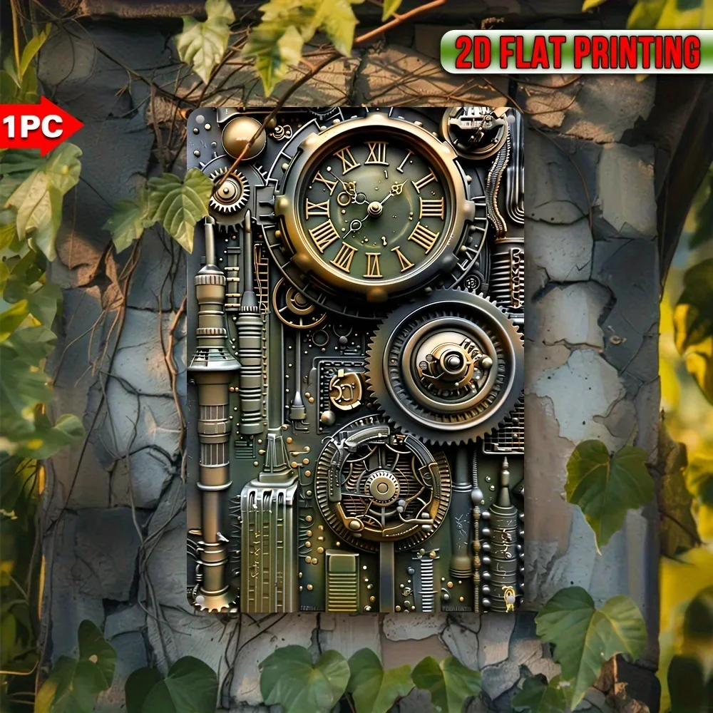 Retro Iron Steampunk Wall Art 2D Clock Decor Vintage Gear Hanging for Home Kitchen Holiday UV Print 7.9x11.8in