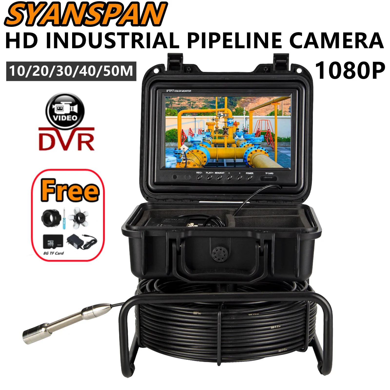 

9" DVR 8GB TF Card 10/20/30/50M HD Screen 1080P SYANSPAN IP68 Pipe Inspection Camera Drain Sewer Pipeline Industrial Endoscope