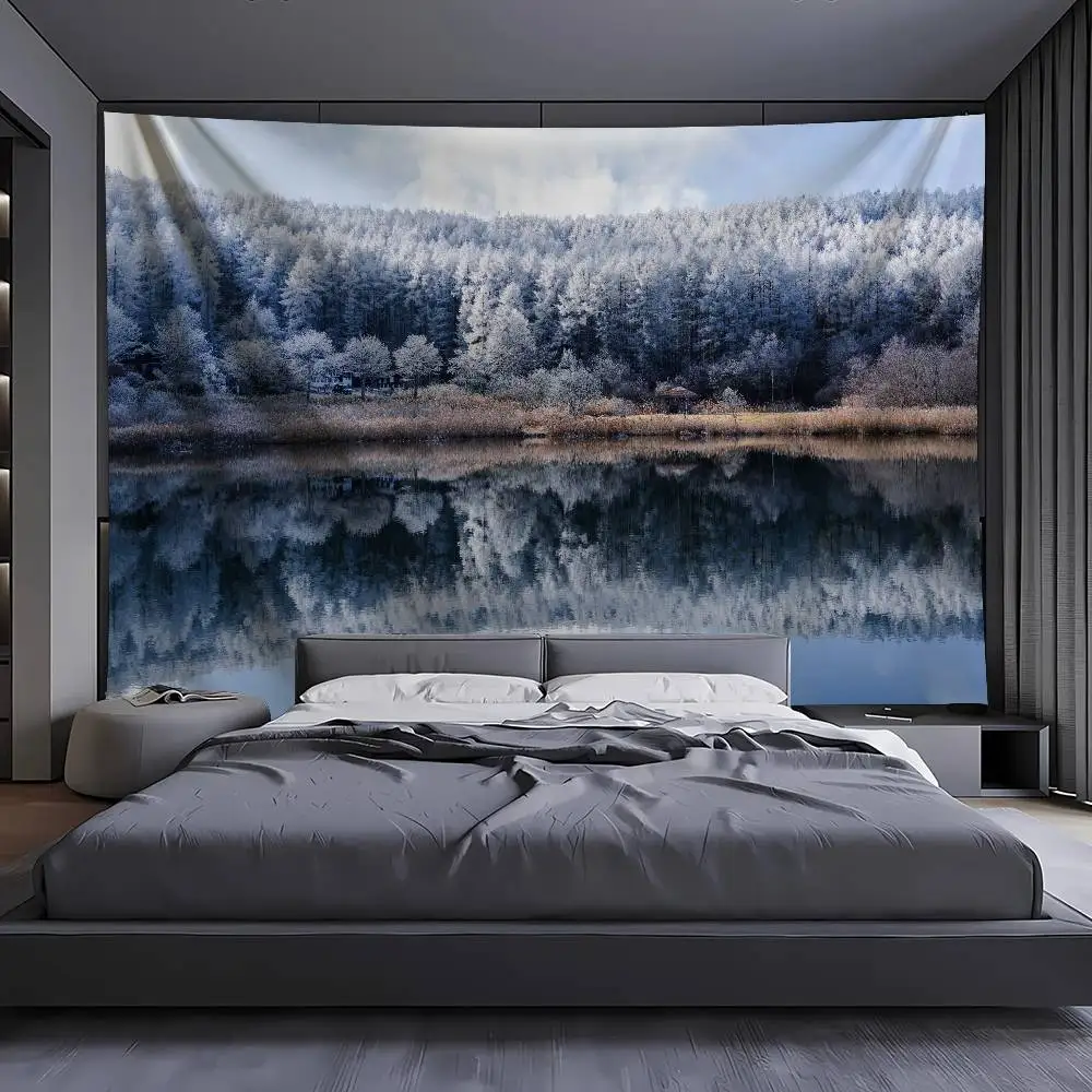 Cold Winter Snow Woodland Lake Tapestry, Peaceful Mirror Water Frosted Forest Landscape Tranquil Snowy Nature Decoration