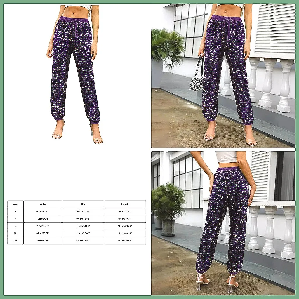 

Women's Casual Straight Wide Leg Pants with Sequins, Drawstring Waist & Gradient Color