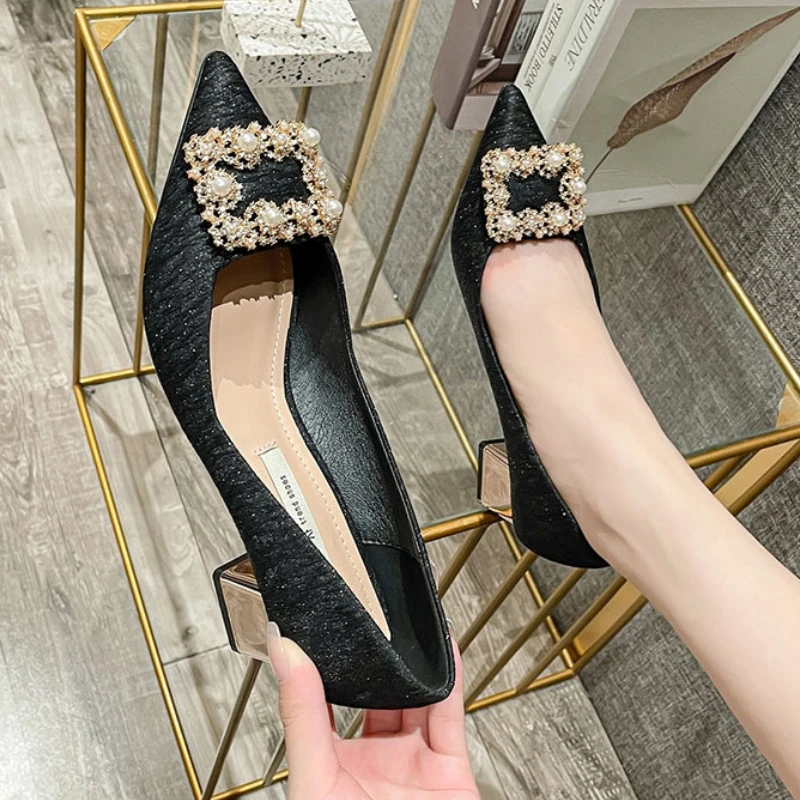 2023 Shoes Women Spring New Korean Version Pearl Rhinestones Pointed Toe Women\'s Shoes Chunky Heels Pumps Zapatillas Mujer