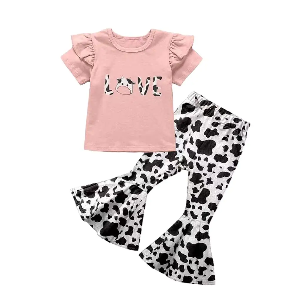 

Fashion Boutique Girl Spring Summer Cute Milk Spot Pattern Print Pink Short Sleeve Top Flared Pants Set