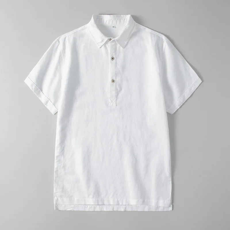 

Summer New Men's Cotton Linen Shirt Short Sleeve Slim Fit Turn-down Collar Casual Open Chest Shirt Comfortable Breathable