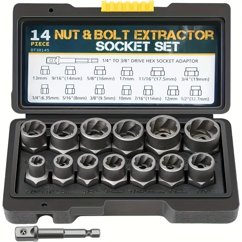 

14pcs nut remover kit, If the nut is still stuck in the socket during disassembly, use it to knock it out. drive socket adapter