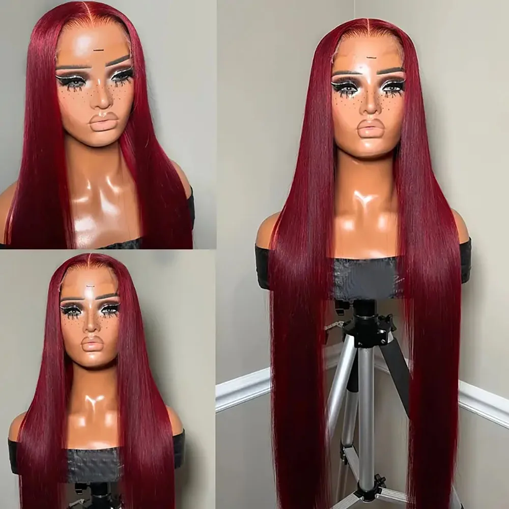 13 × 4 مستقيم الدانتيل الجبهة الباروكات شعر الإنسان 220 الكثافة شفافة بورجوندي قبل قطعها اللون الأحمر الدانتيل الباروكات الأمامية للنساء 99J