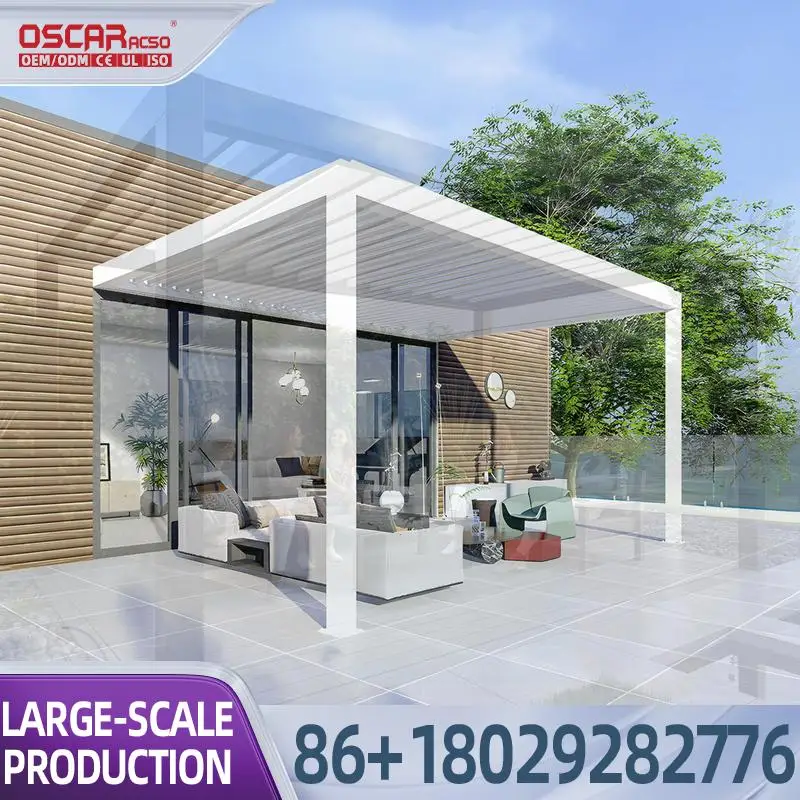 Electric Retractable Aluminum Pergola with LED Lights and Wind Sensor Adjustable Louvered Roof Powder Coated for US Garden Balco