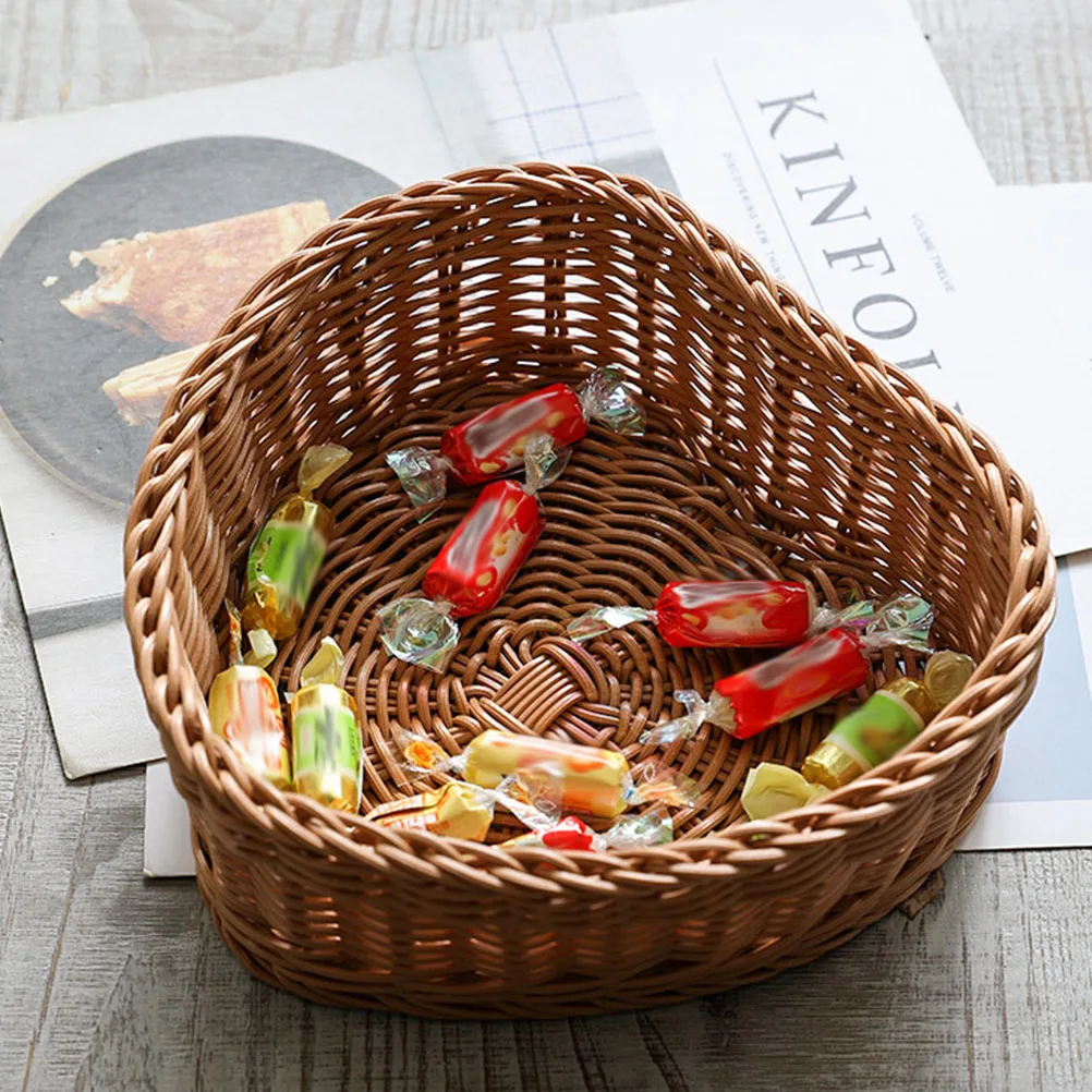 

Heart Shaped Fruit Plate PP Plastic Eco Friendly Brown Woven Container Simulated Rattan Basket Storage Tray Kitchen Home