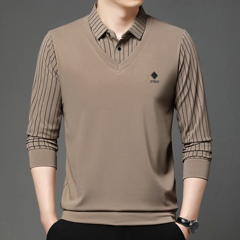 High quality brand long sleeve men\'s polo shirt autumn new style fashionable flip collar striped personalized top casual T-shirt