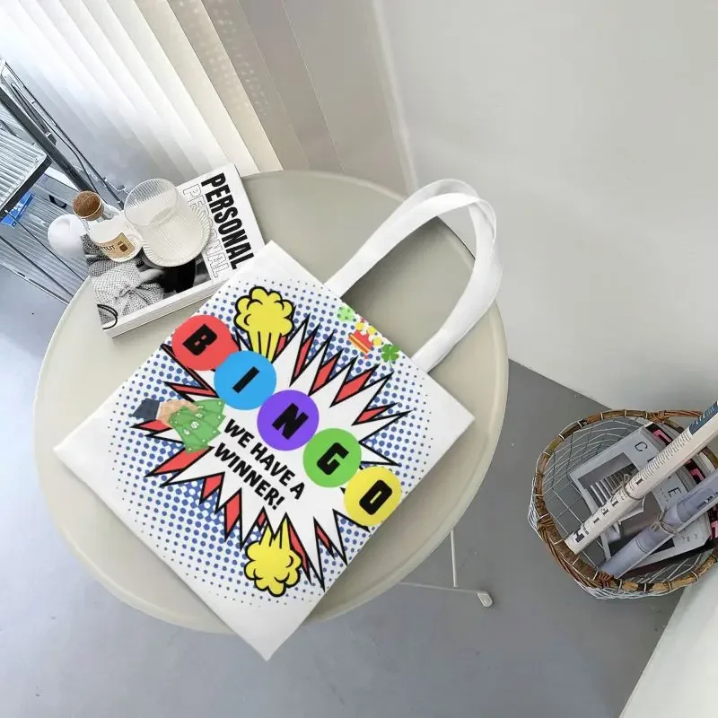 Fashion Printing Bingo We Have A Winner Shopping Tote Bags Reusable Canvas Shopper Shoulder Paper Game Handbag