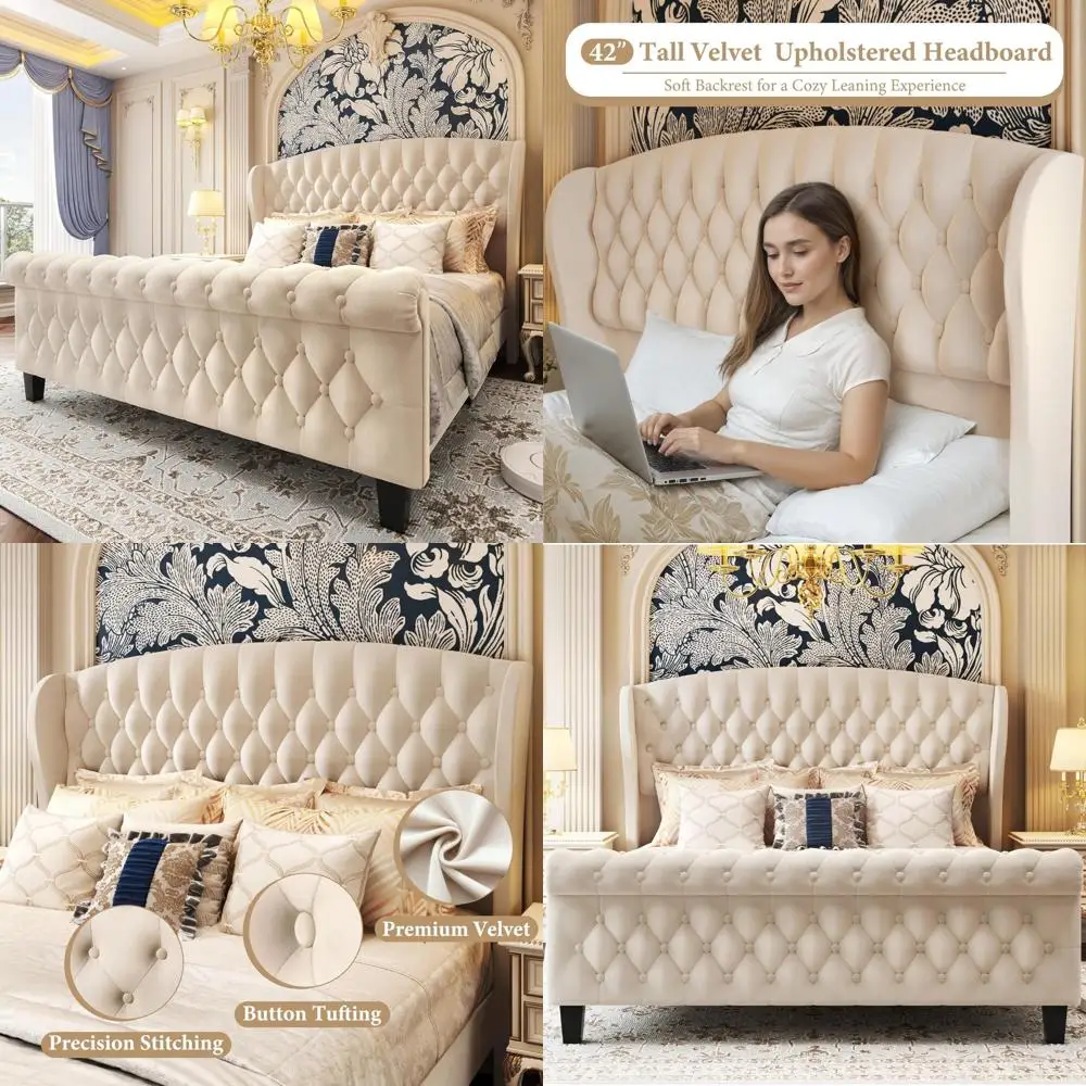 

Каркас кровати с бархатными санами, изголовьем с крыльчатой спинкой и прокрутчатым изножьем, высота 42 дюйма, коробчатая пружина не требуется.