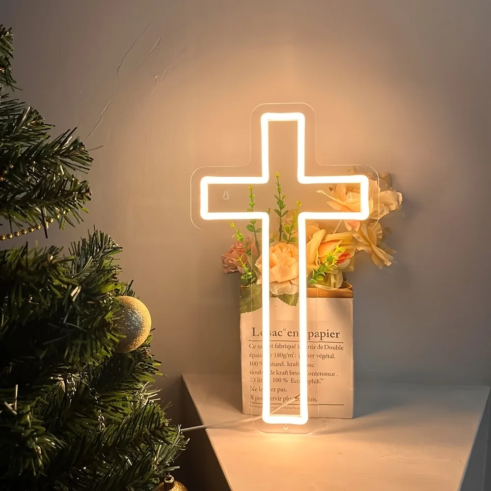 Cross LED Neon Sign Minimalist Design Ideal for Bedroom Living Room Garage Shop for Man Cave Home Wall Decoration Perfect Gift