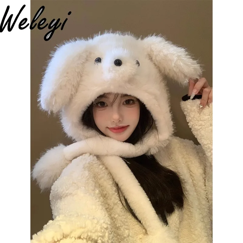 Warm Cute Women's Puppy Ears Moving Plush Hat 2024 Autumn and Winter Sweet Girl Thickened Cold-proof Ear Protection Knitted Cap