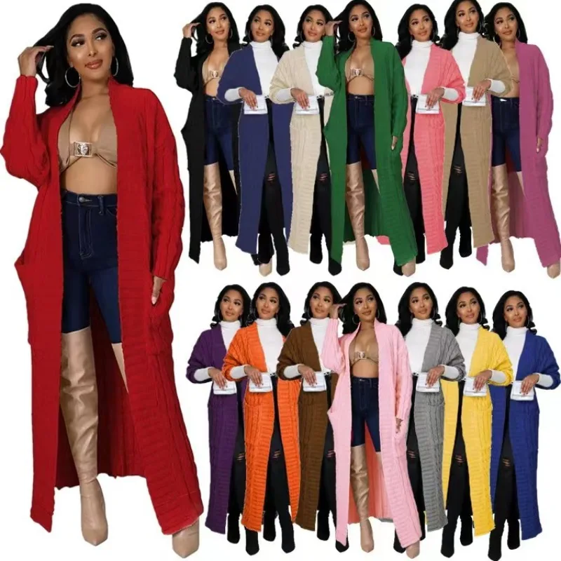 Autumn Winter Ladies Thick Twist Knit Long Sweater Coat Open Front Pocket Oversized Daily Loungewear Cardigan