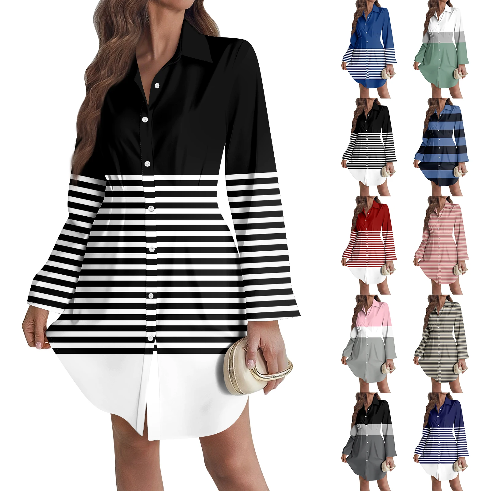 세련된 여성 긴 소매 셔츠 드레스 여성의 느슨한 v 넥 긴팔 드레스 작업 셔츠 드레스 여성 캐주얼 버튼