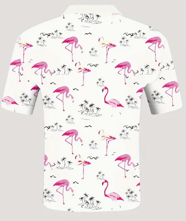 Men's Summer New Casual Shirt with Flip Collar Short Sleeve and Flamingo Printed Pattern Outdoor Lightweight Style Shirt for Men