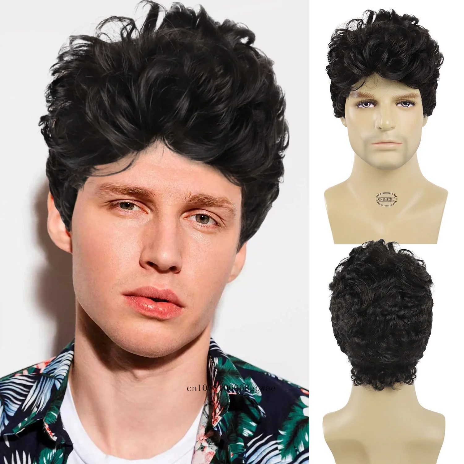 Short Handsome Natural Synthetic Hair Wigs Dark Brown Curly Wig with Bangs for Men Heat Resistant Cosplay Daily Costume Party