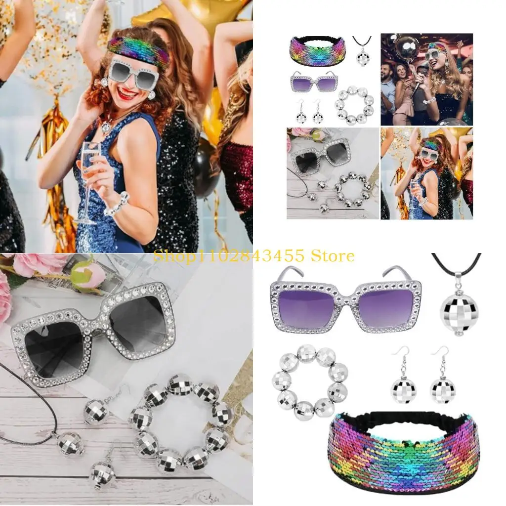 

49MC 5 шт., сверкающий костюм для дискотеки, комплект аксессуаров, повязка на голову, солнцезащитные очки, ожерелье, серьги для