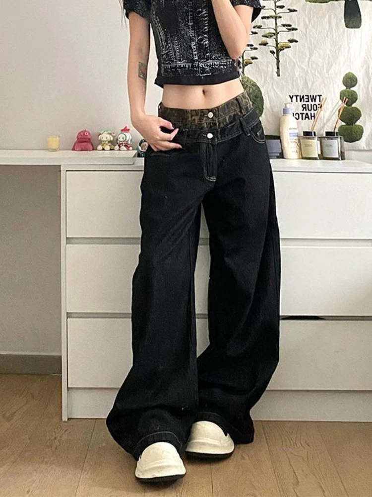 ADAgirl Leopard Fake Two Piece Denim Pants Women Y2k Vintage Baggy Jeans Korean High Waist Loose Straight Hip Hop Casual Trouser