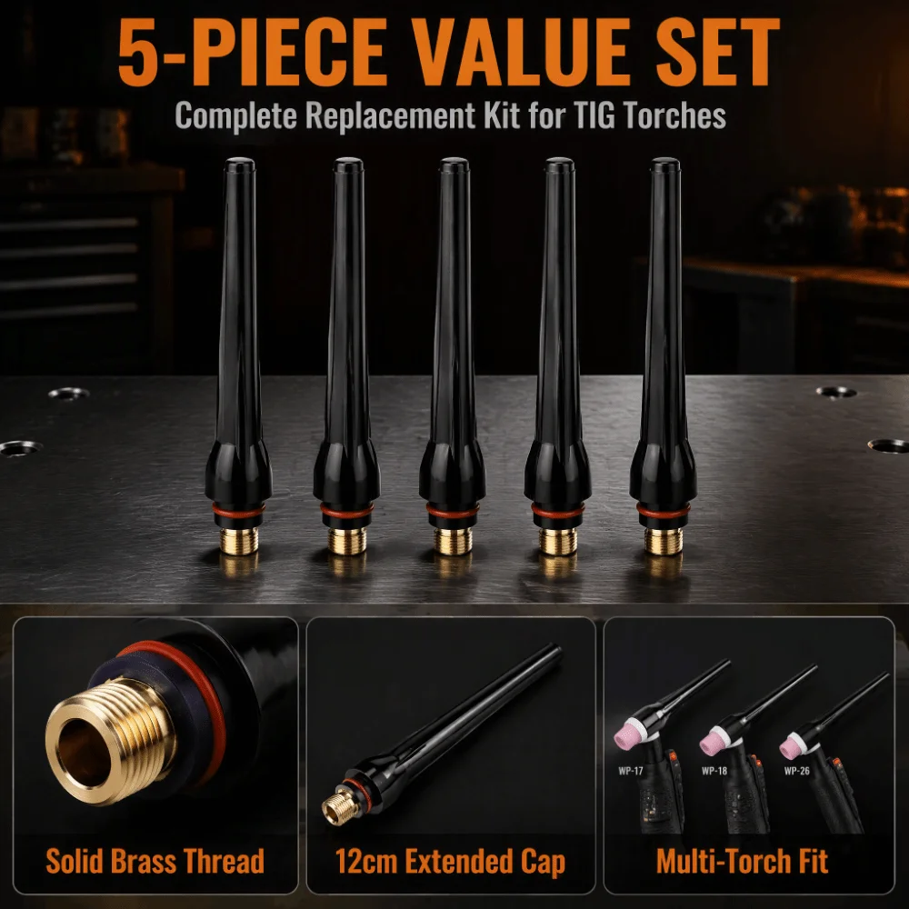 5pcs Black TIG Welding Back Cap Long Length Compatible Cap Long Back Cap 57Y02 Welding Cutter Back Cap Welding Torch Accessories