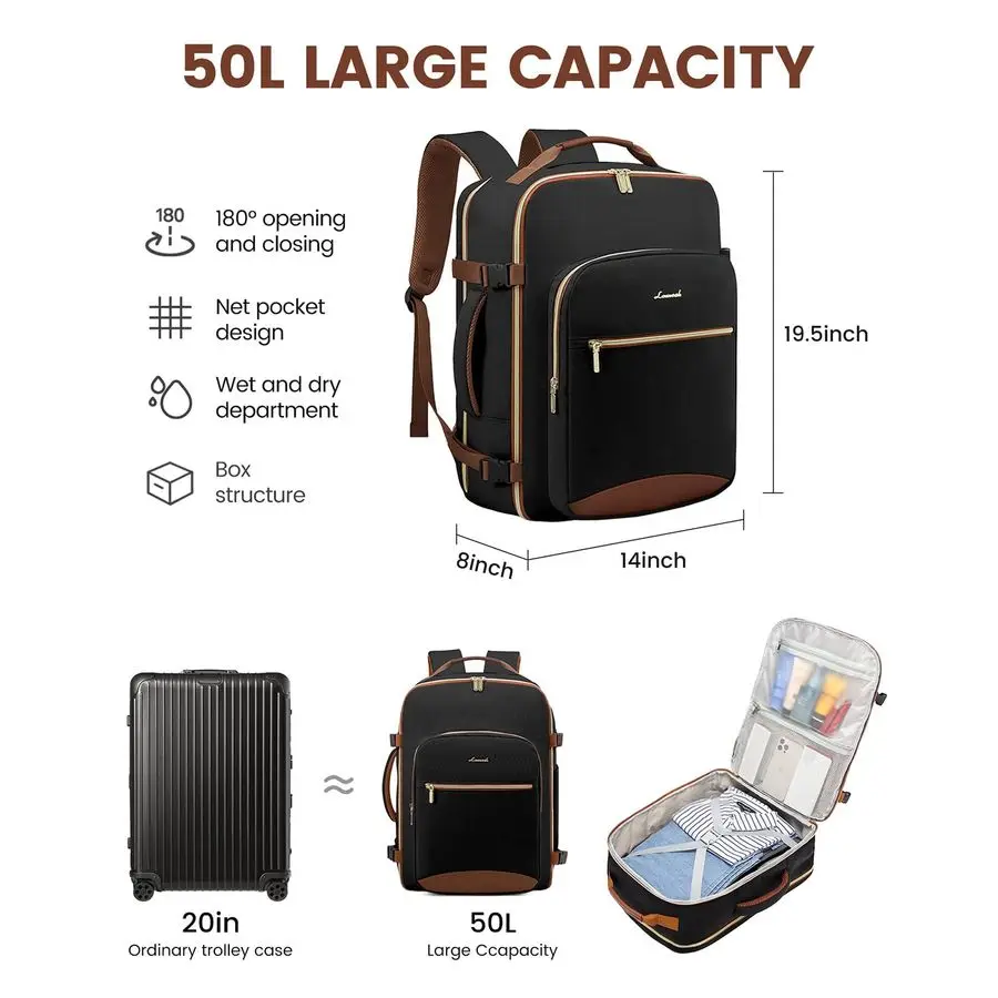 กระเป๋าเป้เดินทางขนาดใหญ่ 50 ลิตร สำหรับผู้หญิงและผู้ชาย ใส่แล็ปท็อปขนาด 17 นิ้วได้ ใช้เป็นกระเป๋าถือขึ้นเครื่องบินได้ ใช้เป็นกระเป๋าสัมภาระส่วนตัวบนเครื่องบิน