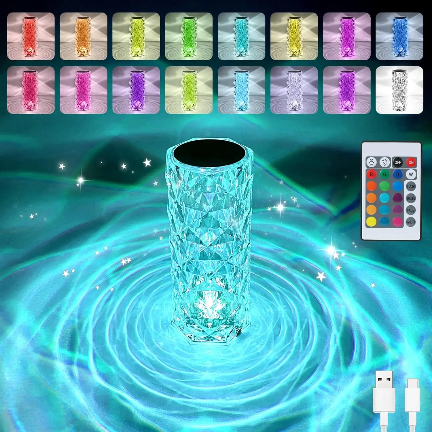 

Crystal Table Lamp with Remote & Touch Control, RGB Night Light, Dimmable, USB Rechargeable for Bedroom Living Room