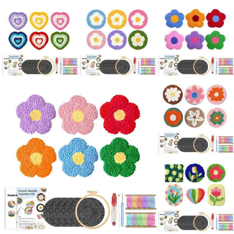 

GATYZTORY 6pcs/Set Flower DIY Punch Needle with Coasters Kit Dog Punch Needle Kit Complete Embroidery Starter Set for Beginners