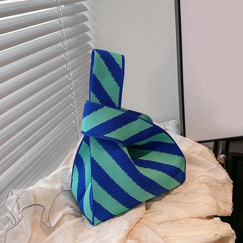 

Вязаная повседневная цветная сумка-тоут ручной работы в широкую полоску, мини-сумка на запястье с узлом, многоразовая сумка для покупок для студентов и женщин