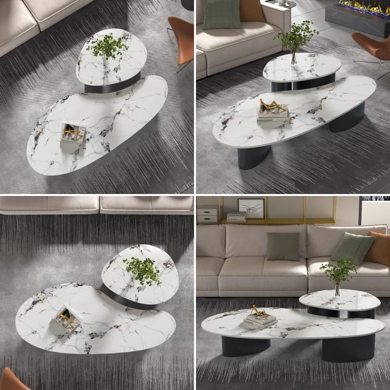 Nowoczesny minimalistyczny stolik kawowy z płytami kamennymi, designerskie meble do małych mieszkań, lekki luksus.