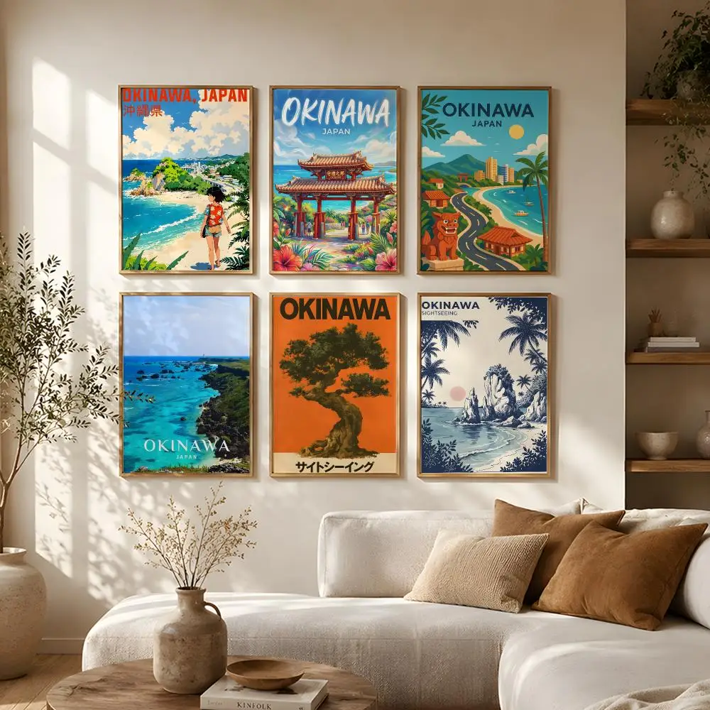 Japanese Retro Okinawa Travel Iconic Trees Poster Self-Adhesive HD Mural Wall Decals, Living Room Bedroom Home Decor Gift