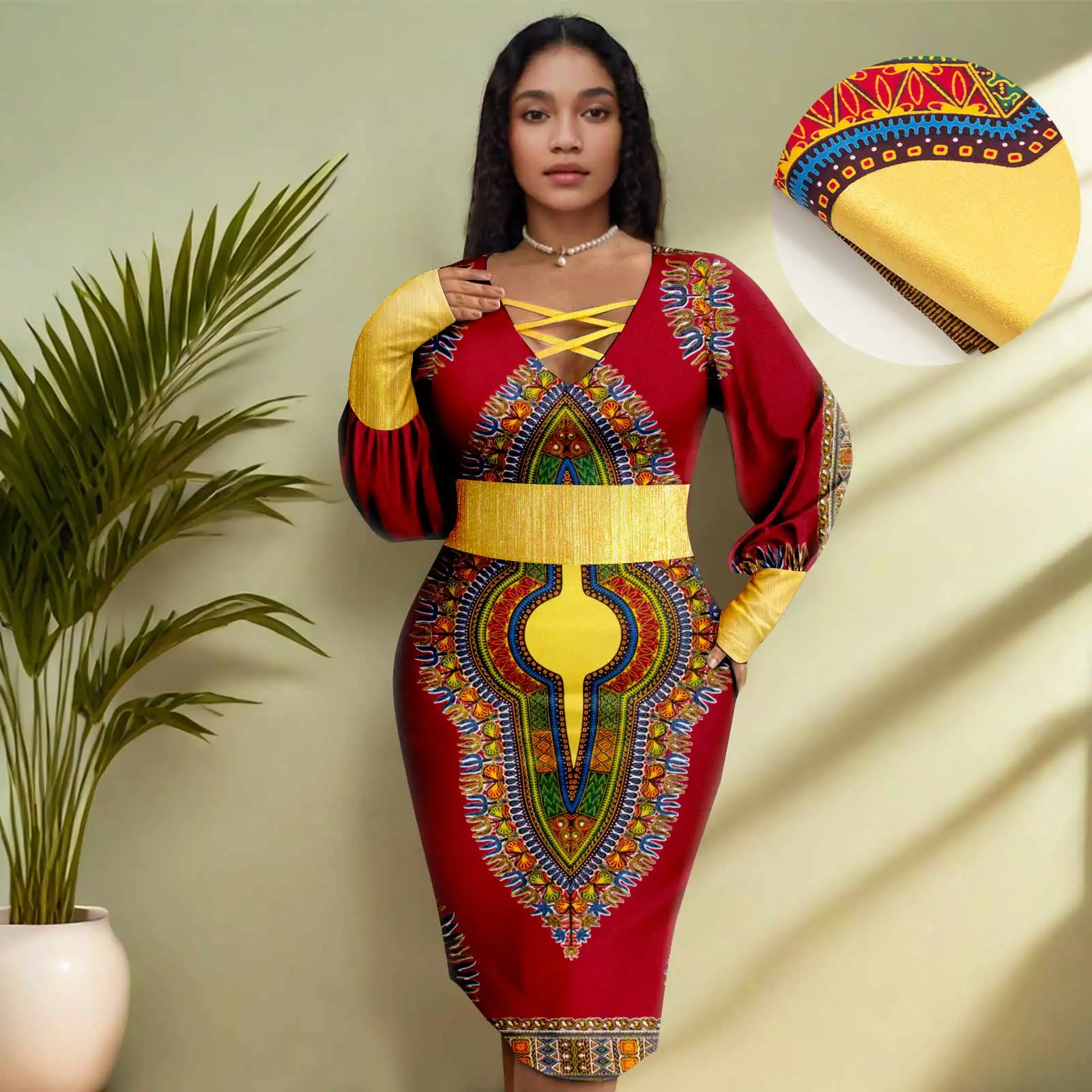 

Africa Ankara Printed Women's Dress Sexy V Neck Gold Sequin Embellished Long Sleeve Dresses 2425147