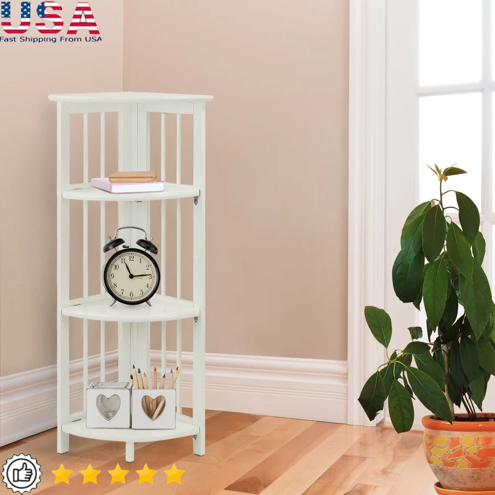 

4-Shelf Corner Folding Bookcase Solid Wood Durable Storage Display Unit Easy Transport Contemporary Design Home Office Kids Room