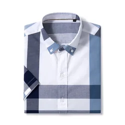 5XL New Summer Shirt Men Cotton Solid Color Stripe Plaid Shirt Men Short Sleeve Casual Oxford Short Sleeve Shirts for Men Causal