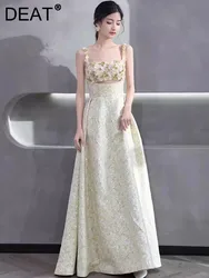 DEAT Elegant Dress Slip 3D Flower Hollow Out Sequin A-line Floor-Length Women's Evening Party Dresses 2024 Autumn New 35Z1206