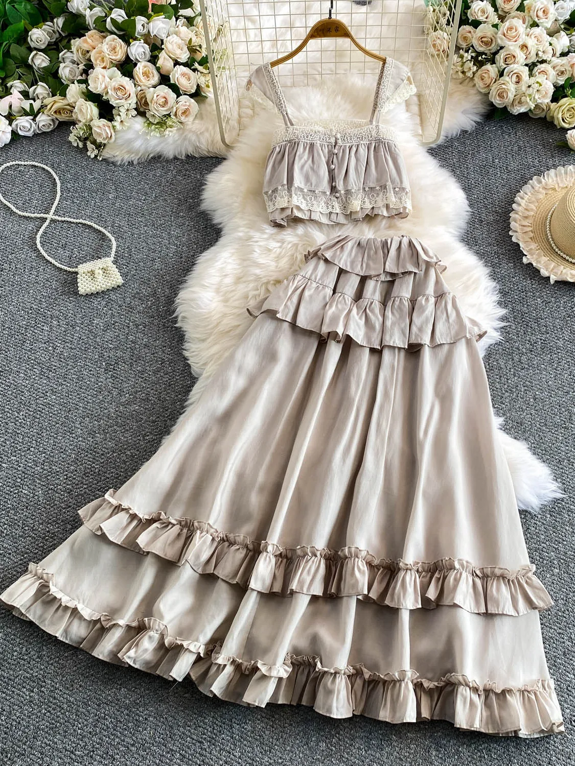 

Sweet Lace Splice Short Top High Waist Slimming Skirt Set for Young Girls Spring Summer Fashion Outfit High Neck Fly Sleeve