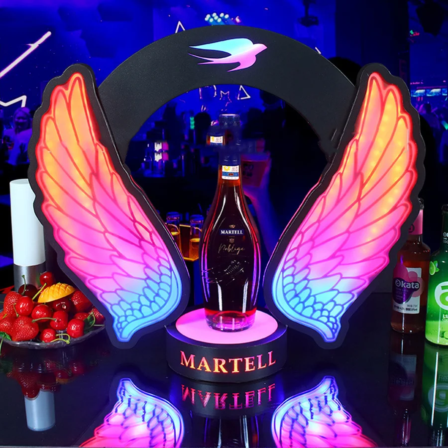 

Customized LED Angel Wings Wine Champagne Bottle Glorifier Presenter Rechargeable Beer Bottle Display Stand For Bar Decor
