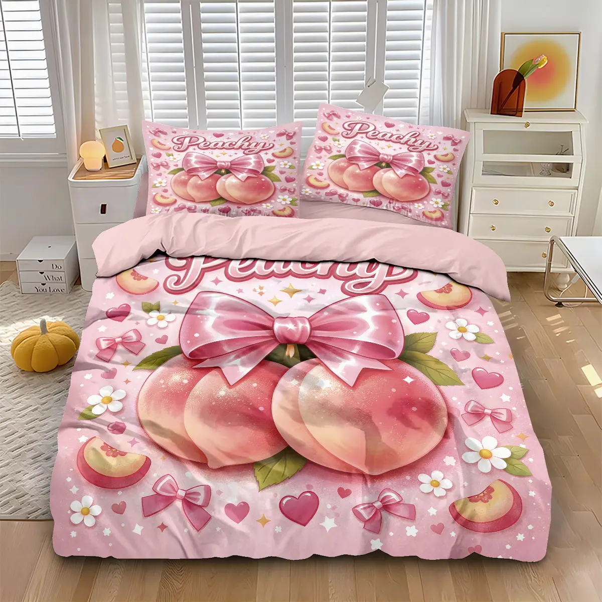 

3pcs Pink Honey Pearl Fruit Printed Coreless Duvet Cover Set, Multi Size Bedding Decoration, Machine Washable