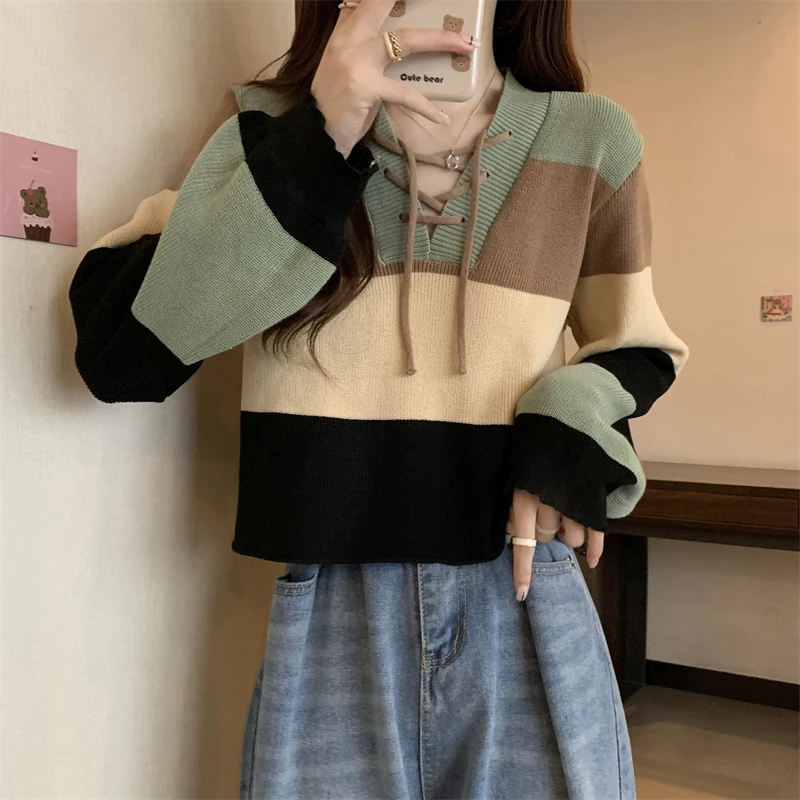 Korean Fashion Color matching Knitted Sweater Woman spring Pullover Harajuku lace up Cropped Tops korean Casual Jumper Sweaters