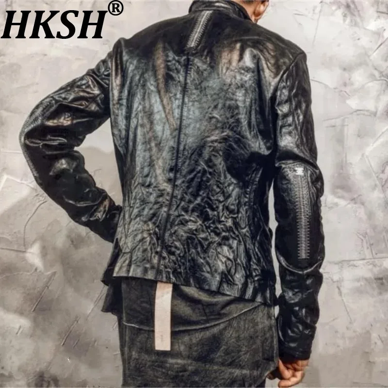 

HKSH Мужская кожаная куртка ручной работы Tide Punk Spring New High Street Ins Dark Calf Skin Fold Glue Pressing Butt Швейные пальто HK0799