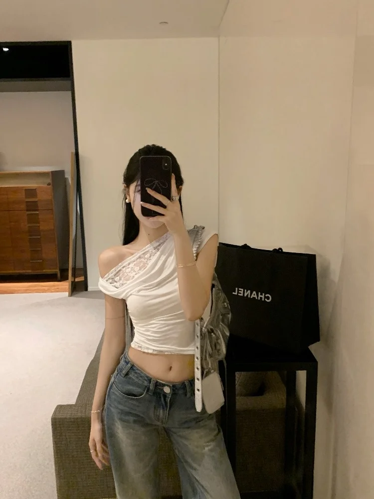 

Summer New Style Women's Lace Shoulder Bared Neck T-shirt Short Sleeve Asymmetrical Pleated Spicy Korean Version Slim Fit
