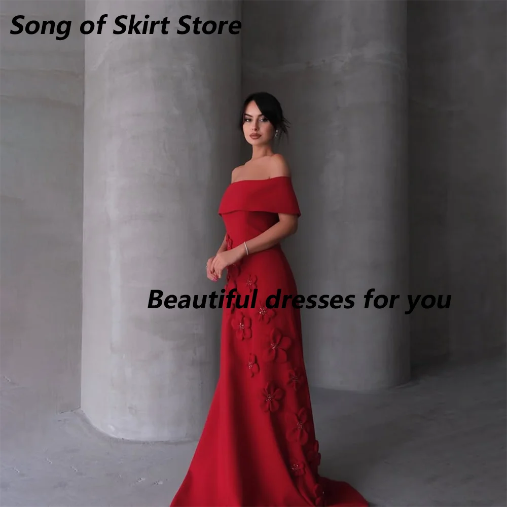 레드 머메이드 이브닝 드레스 맞춤 제작 오프숄더 보트넥 플로어 기장 저지 프롬 가운 플라워 플리츠 스윕 트레인 파티 드레스