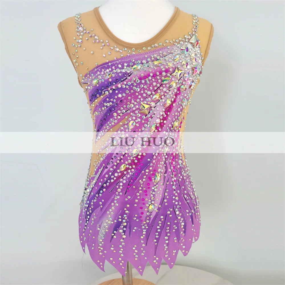 LIUHUO Vrouwen Ritmische Gymnastiek Maillots Meisjes Prestaties Pak Artistieke Schaatsen Jurk Danswedstrijd Mouwloos Paars