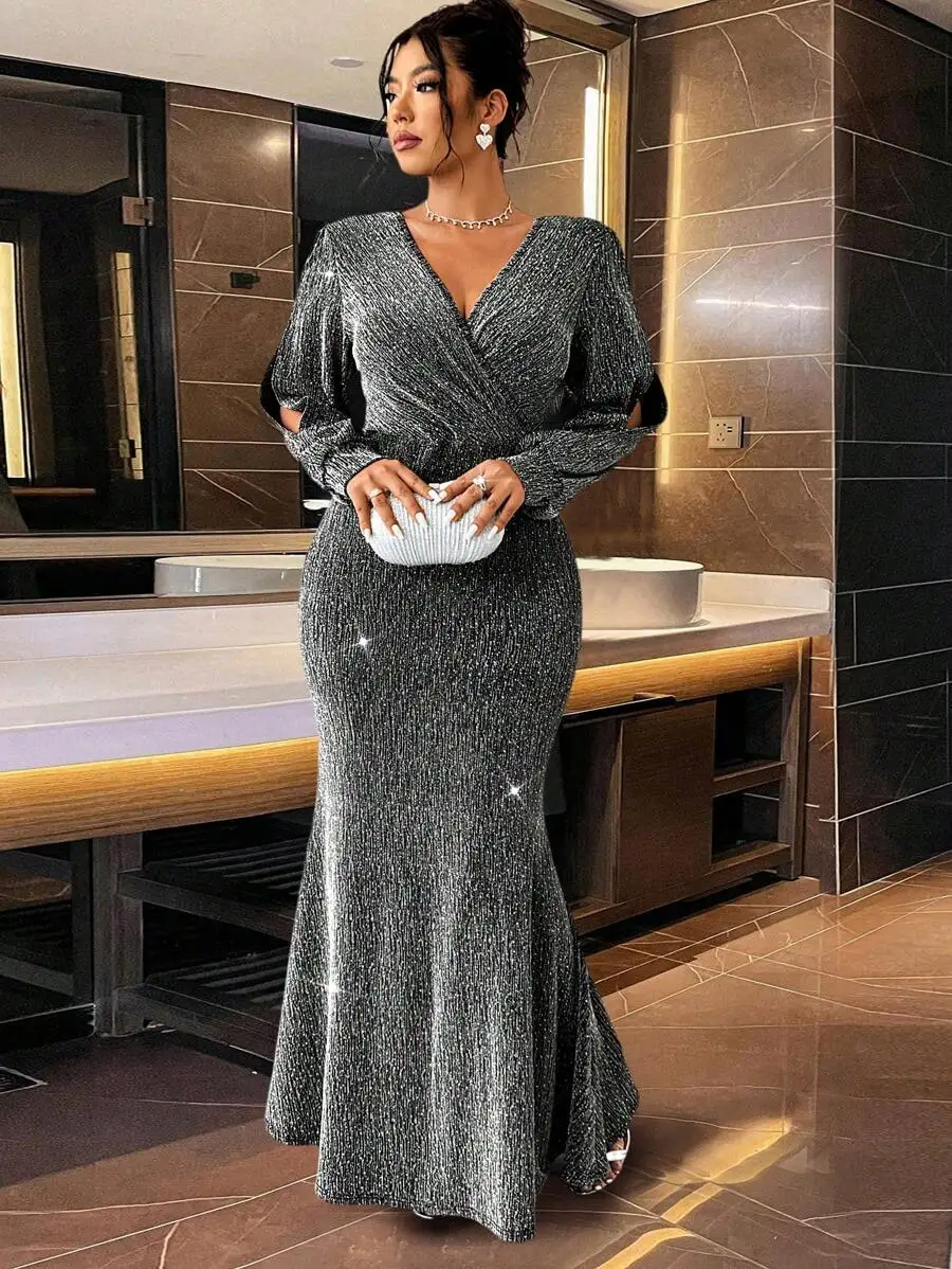 

Shimmering Silver Knitted Long Sleeve V-Neck Mermaid Dress for Women