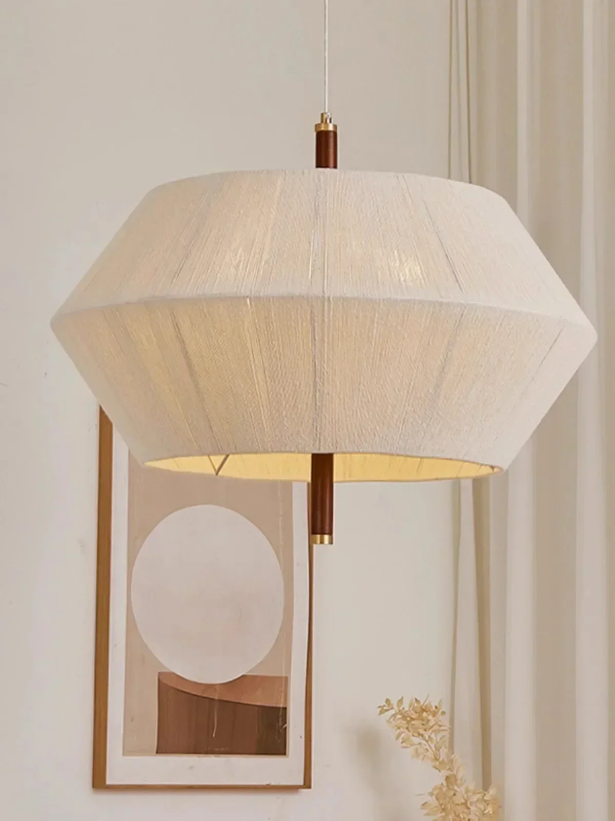 Wabi sabi Pendant Lamp Wood cotton thread Hanging Chandelier Light Fixture for Living Room Bedroom Dining Room