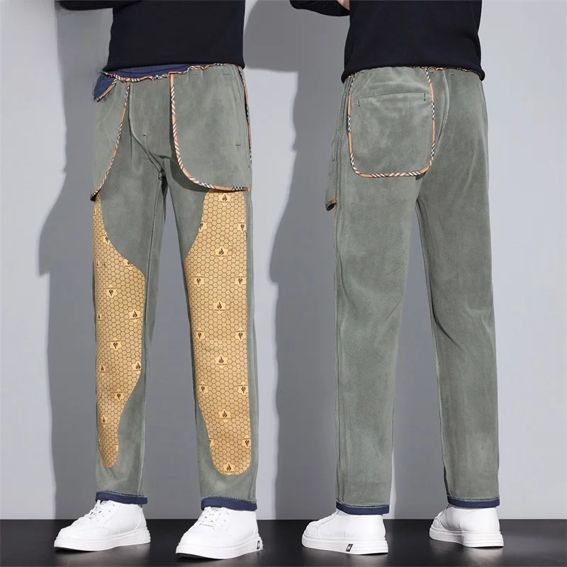

Men's Fce Lined Thiened High Elastici Casual Pants Winter Warm Trousers Busin Sle Straight Leg Polyester Fiber