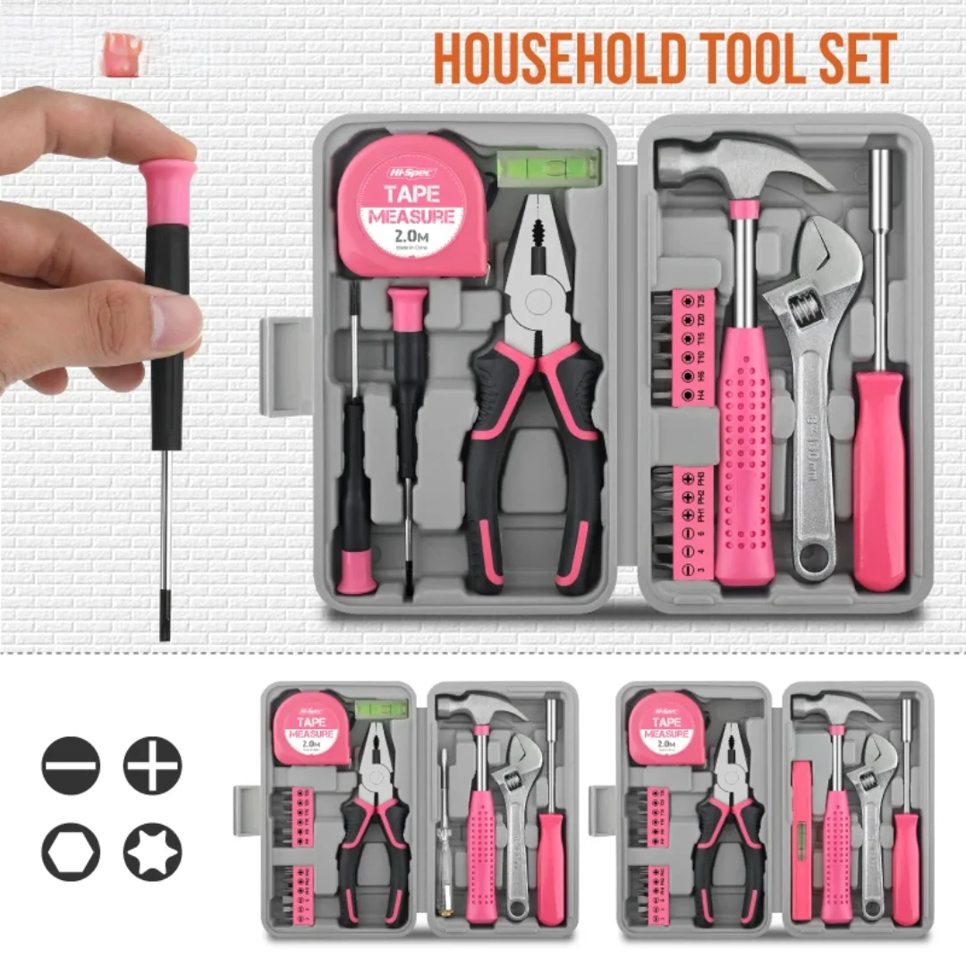 Hi-Spec 18/19/20PCs Pink DIY Tool Kit with Electric Pen & CR-V Steel - Home Maintenance Hand Tools Set for Women & Car Care