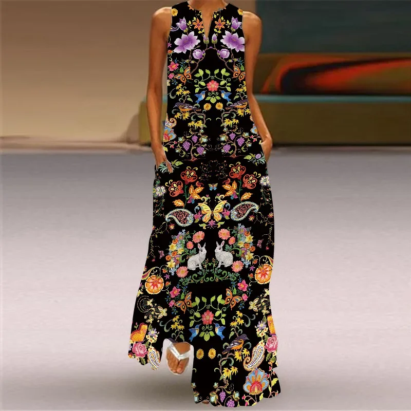 

Sexy V Neck Sleeveless Vintage Elegant Long Dress Casual Plus Size Dresses Summer Beach Woman Girls Rose Print Maxi Dress Women