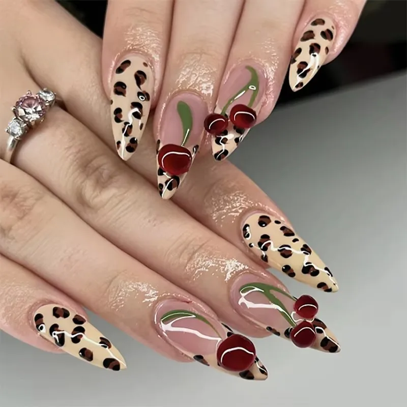 Retro einfache Mandel gefälschte Nail Art Französisch Polka Dot Leopard Perlglanz falsche Nagel Charme drücken auf Nägel Zubehör Maniküre Werkzeug