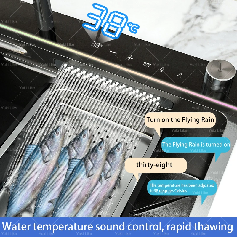 AI voice-controlled Stainless Steel Waterfall Kitchen Sink Digital Display Large Single Slot Multifunction Dishwashing Sinks