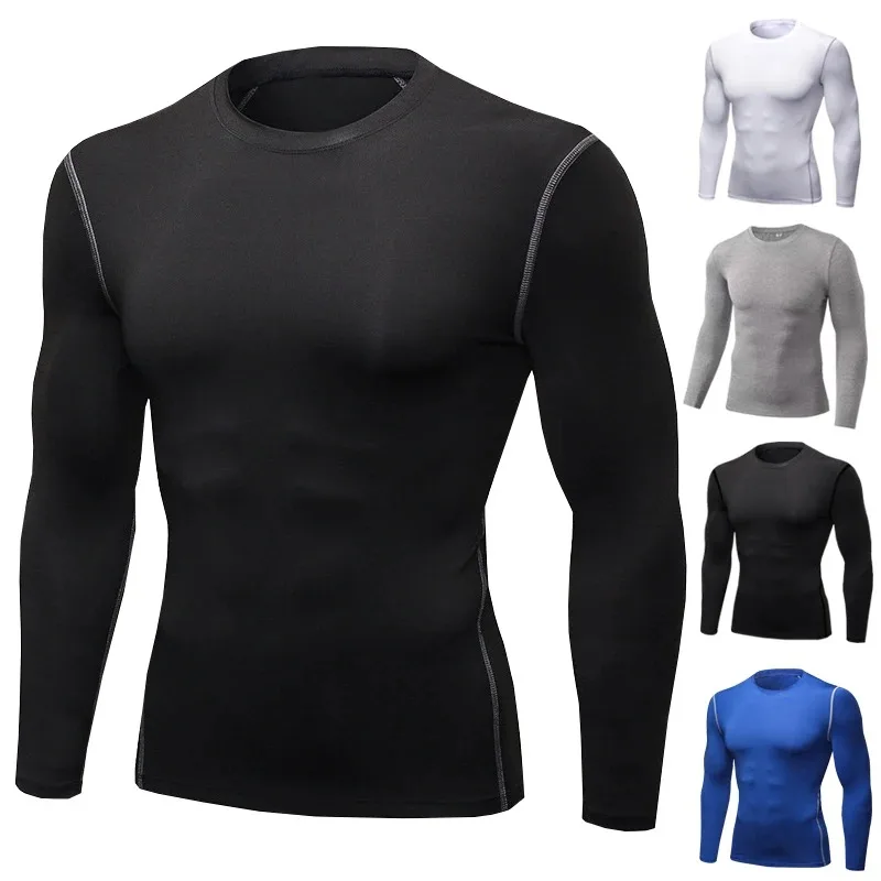 Men tight training sports fitness running blue ball long sleeve sweat quick drying long sleeve shirt elastic T-shirt top clothes