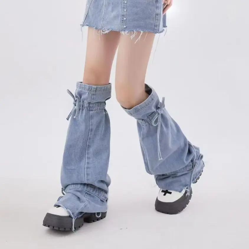 Adjustable Y2K Light Blue Denim Leg Warmers Drawstring Flared Boot Cuffs Women Streetwear Harajuku Leg Socks